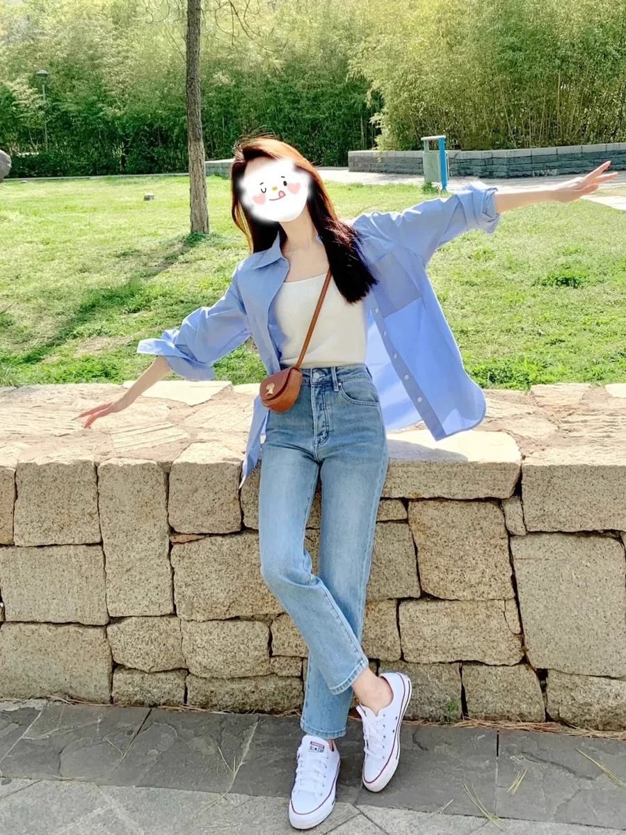 청바지 봄가을용 여성 라이트 블루 스트레이트 여름 진청 블랙 얇은 바지 1.연한 파랑 8부 봄가을 팬츠 - 상품 이미지
