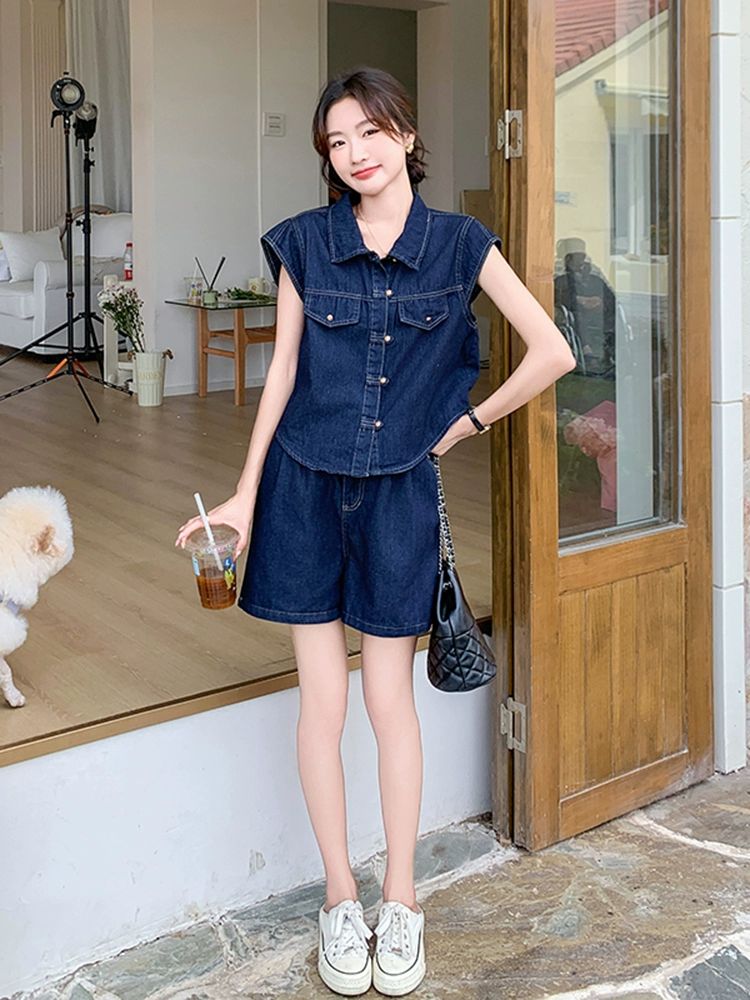 원피스 뷔스티에 데님 조끼 청반바지 캐주얼 여성용 여름 얇은 반팔 투피스세트 슈트 - 상품 이미지