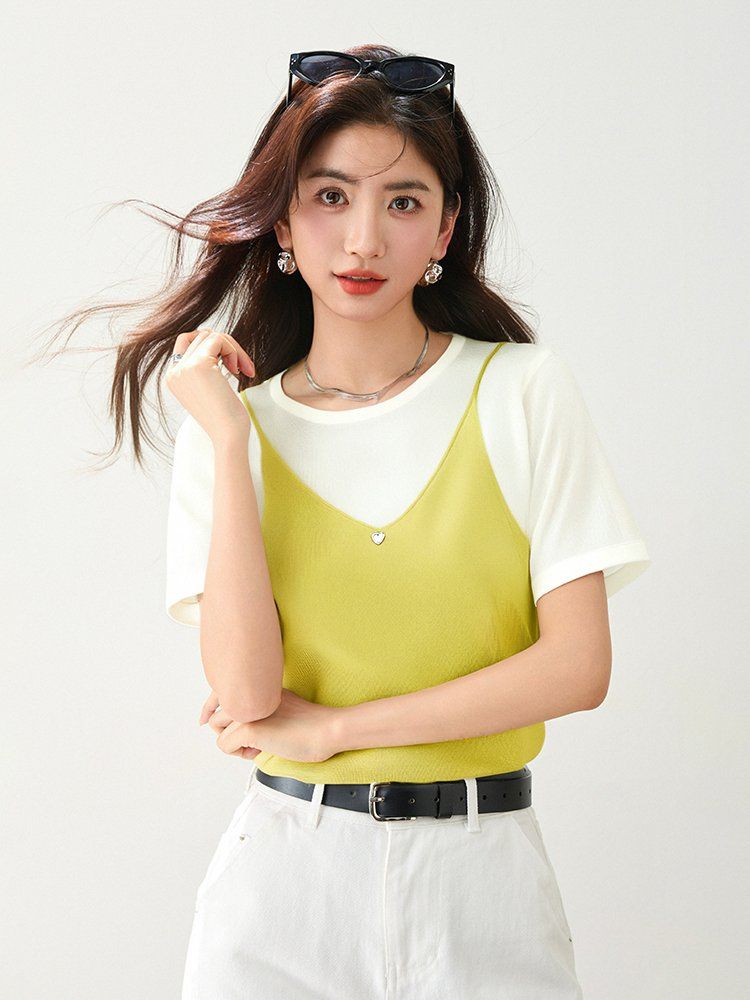 봄 여름 여성 루즈핏 레이어드 나시 반팔 티셔츠 캐주얼룩 데일리룩 브이넥 하트 포인트 - 상세 이미지 4