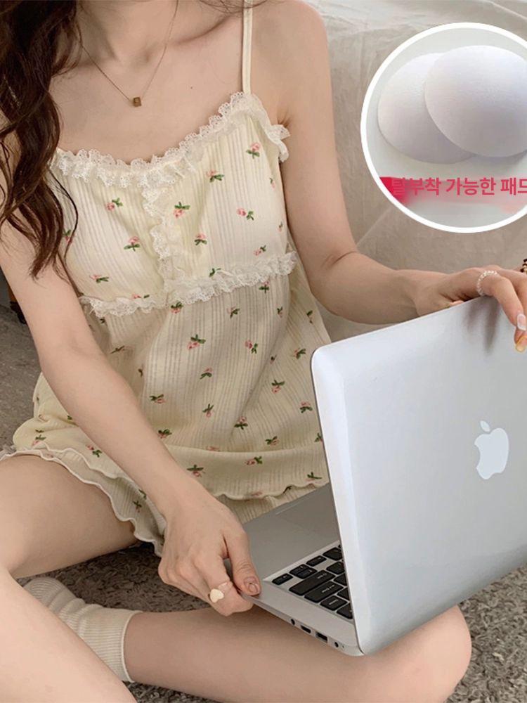 잠옷 여성 속옷 여름 얇은 코튼 민소매 반바지 투피스세트 1.민트 - 상세 이미지 3