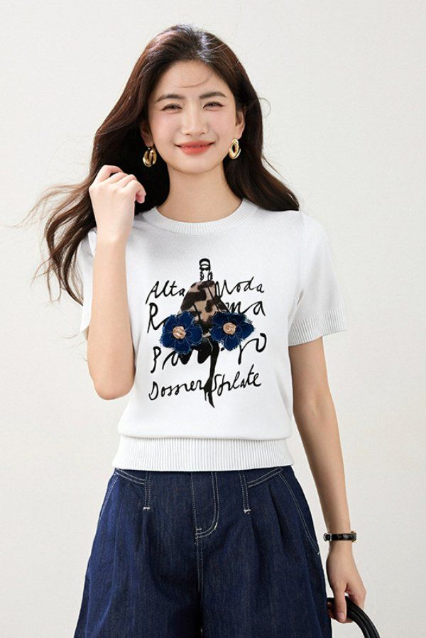봄 여름 여성 루즈핏 레터링 플라워 반팔 티셔츠 레트로룩 데일리룩 라운드넥 그래픽 포인트 - 상세 이미지 3