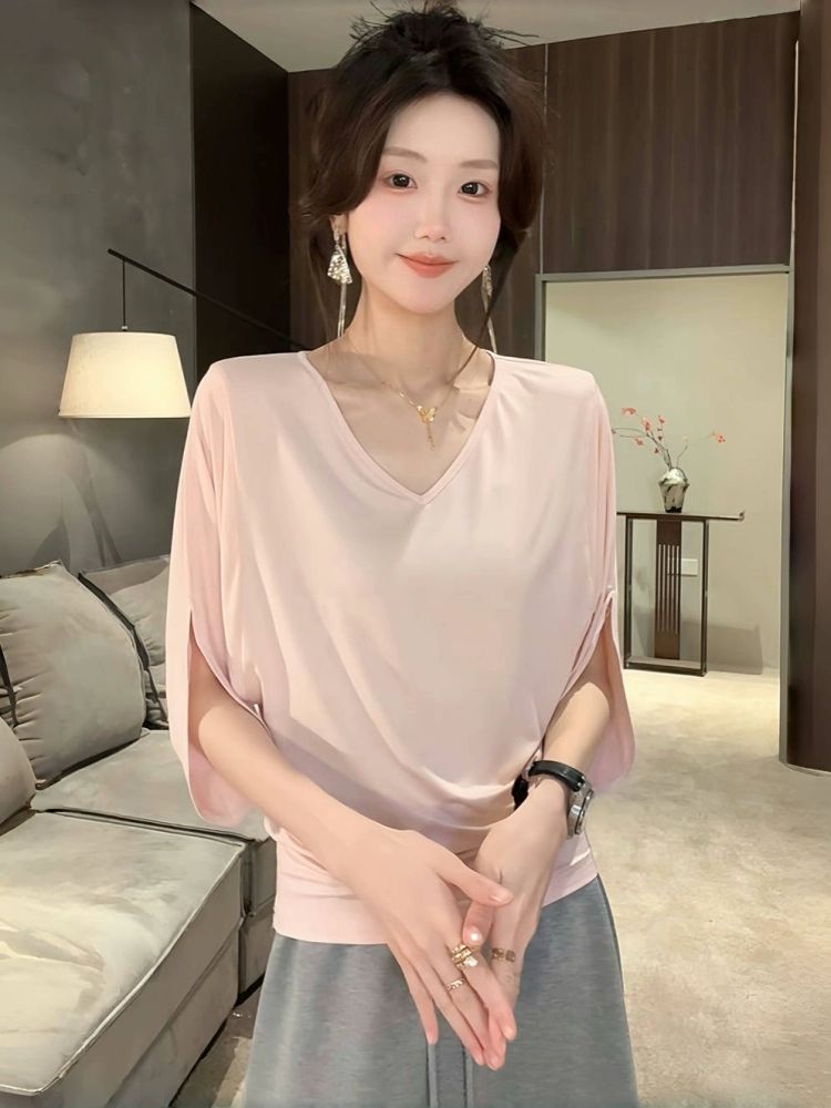 반팔 티셔츠 V넥 여성 나시 여름 슬림 블라우스 1.블랙 - 상품 이미지