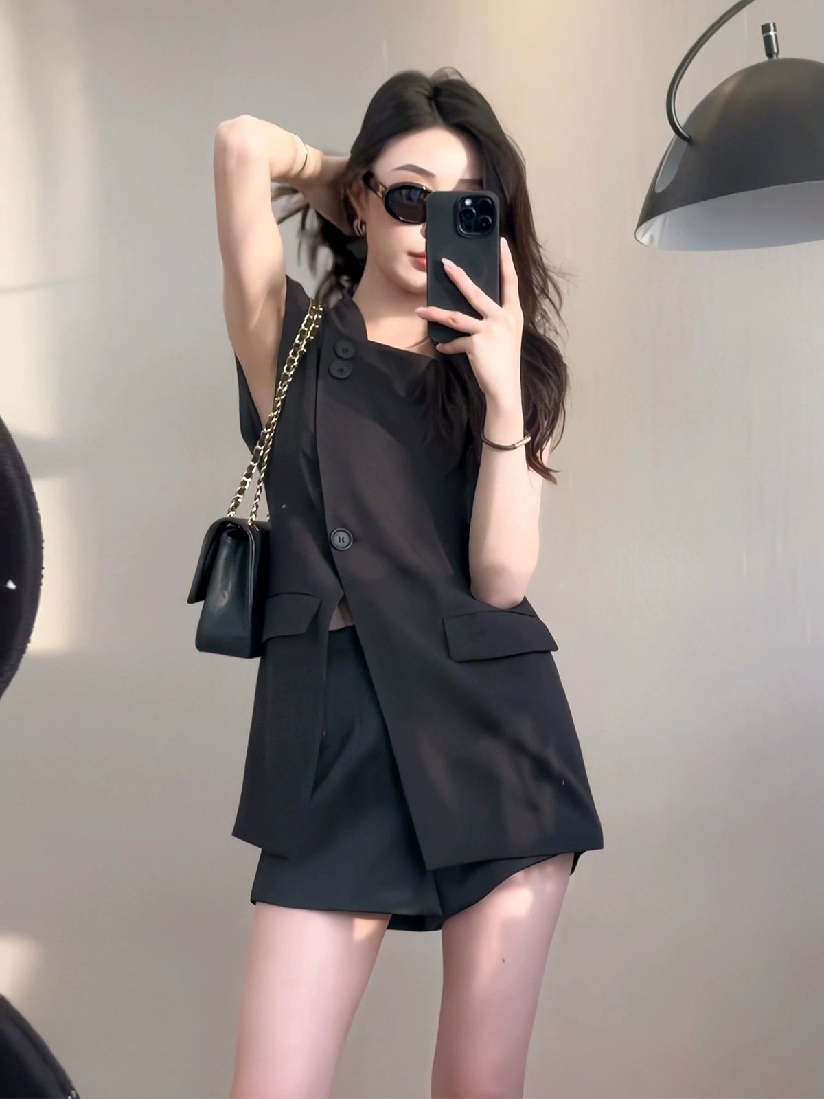 여성용 여름 패션 블랙 조끼 반바지 탑 셔츠 정장세트 블랙 - 상품 이미지