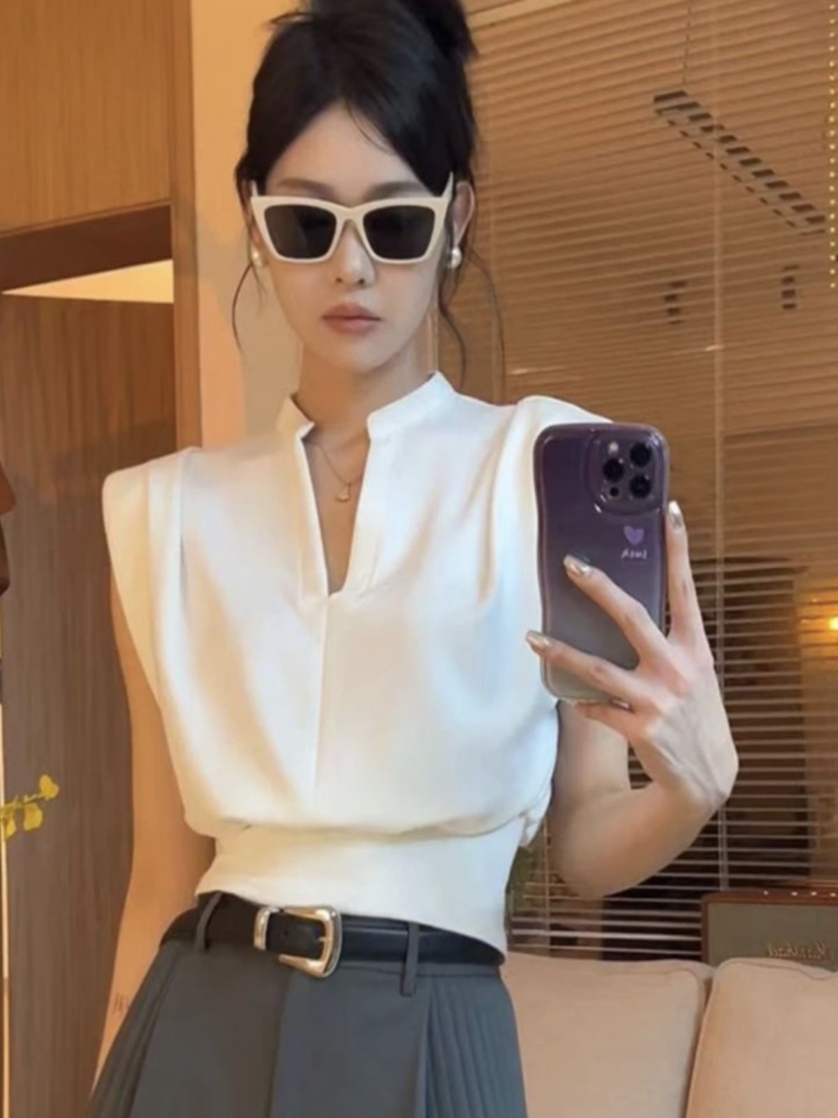 블라우스 뷔스티에 v넥 민소매 조끼 숄더 여성용 여름 프렌치 크롭 탑 셔츠 화이트 - 상품 이미지