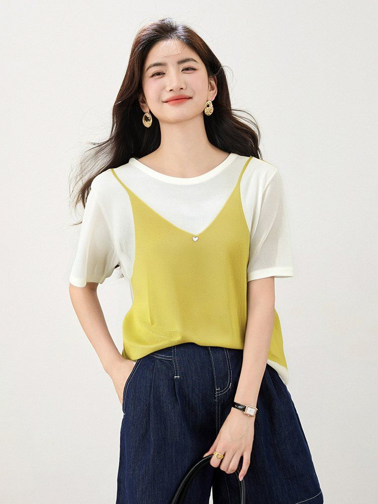 봄 여름 여성 루즈핏 레이어드 나시 반팔 티셔츠 캐주얼룩 데일리룩 브이넥 하트 포인트 - 상세 이미지 5