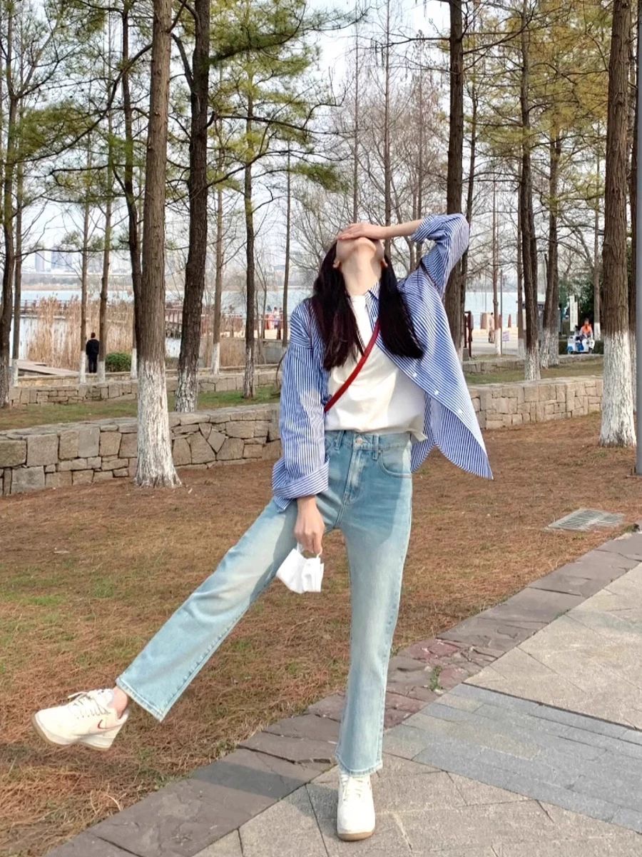 청바지 봄가을용 여성 라이트 블루 스트레이트 여름 진청 블랙 얇은 바지 1.연한 파랑 8부 봄가을 팬츠 - 상세 이미지 4