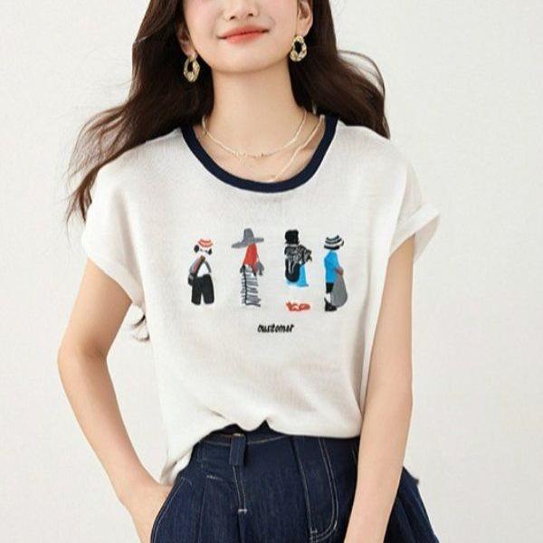 봄 여름 여성 슬림핏 캐릭터 자수 반팔 티셔츠 캐주얼룩 데일리룩 배색 라운드넥 유니크 - 메인 이미지