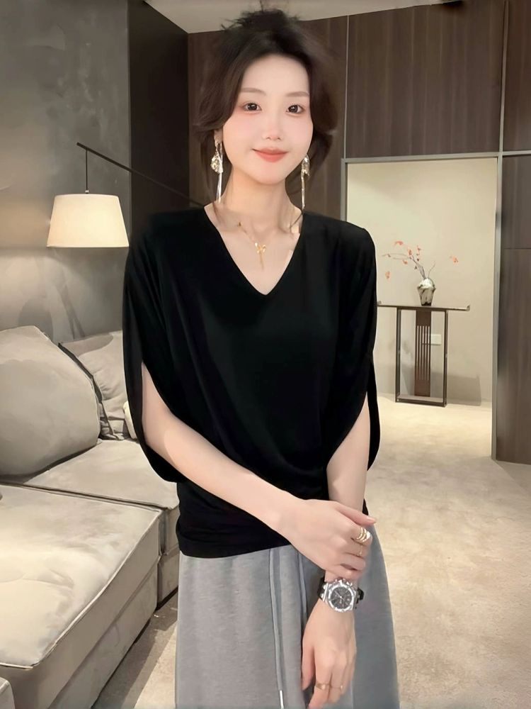 반팔 티셔츠 V넥 여성 나시 여름 슬림 블라우스 1.블랙 - 상세 이미지 4