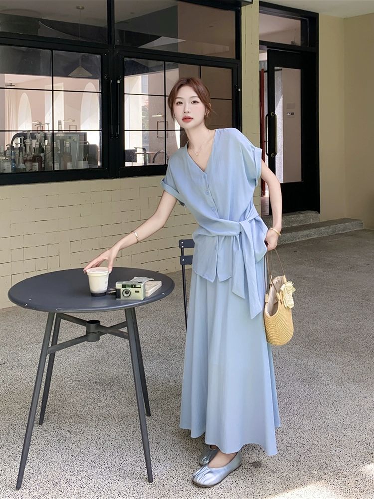 원피스 여성 여름 아름다운 셔츠블라우스 스커트 블루 치마 투피스세트 블루 - 상세 이미지 3