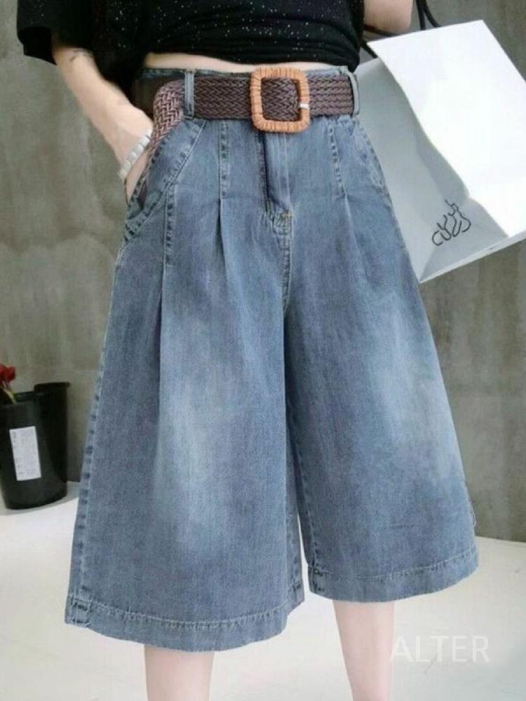 빅사이즈 와이드 청 하이웨스트 반바지 데님 와이드핏 핀턱 팬츠 7부 S 85/50kg+벨트 - 상세 이미지 4