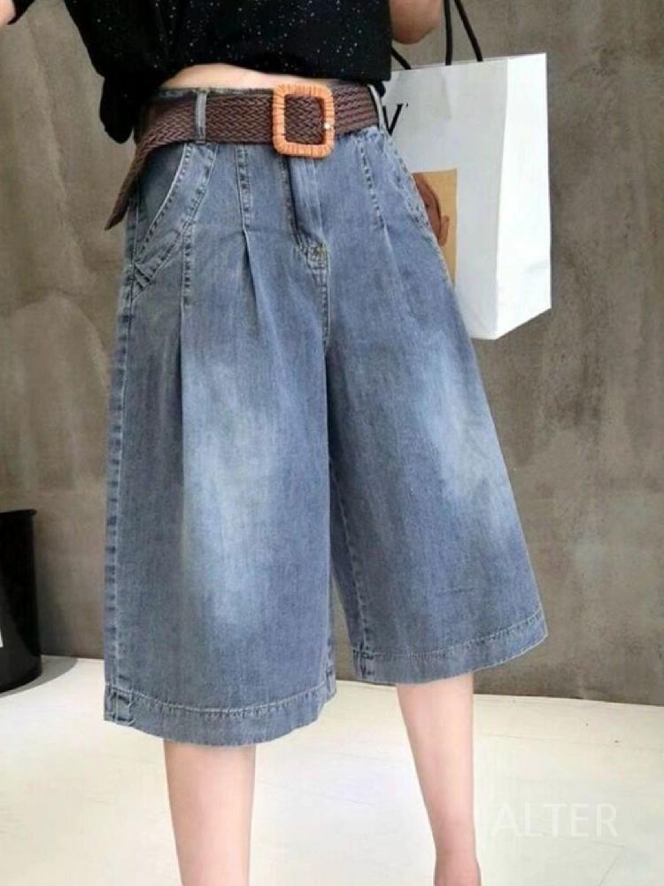 빅사이즈 와이드 청 하이웨스트 반바지 데님 와이드핏 핀턱 팬츠 7부 S 85/50kg+벨트 - 상세 이미지 2