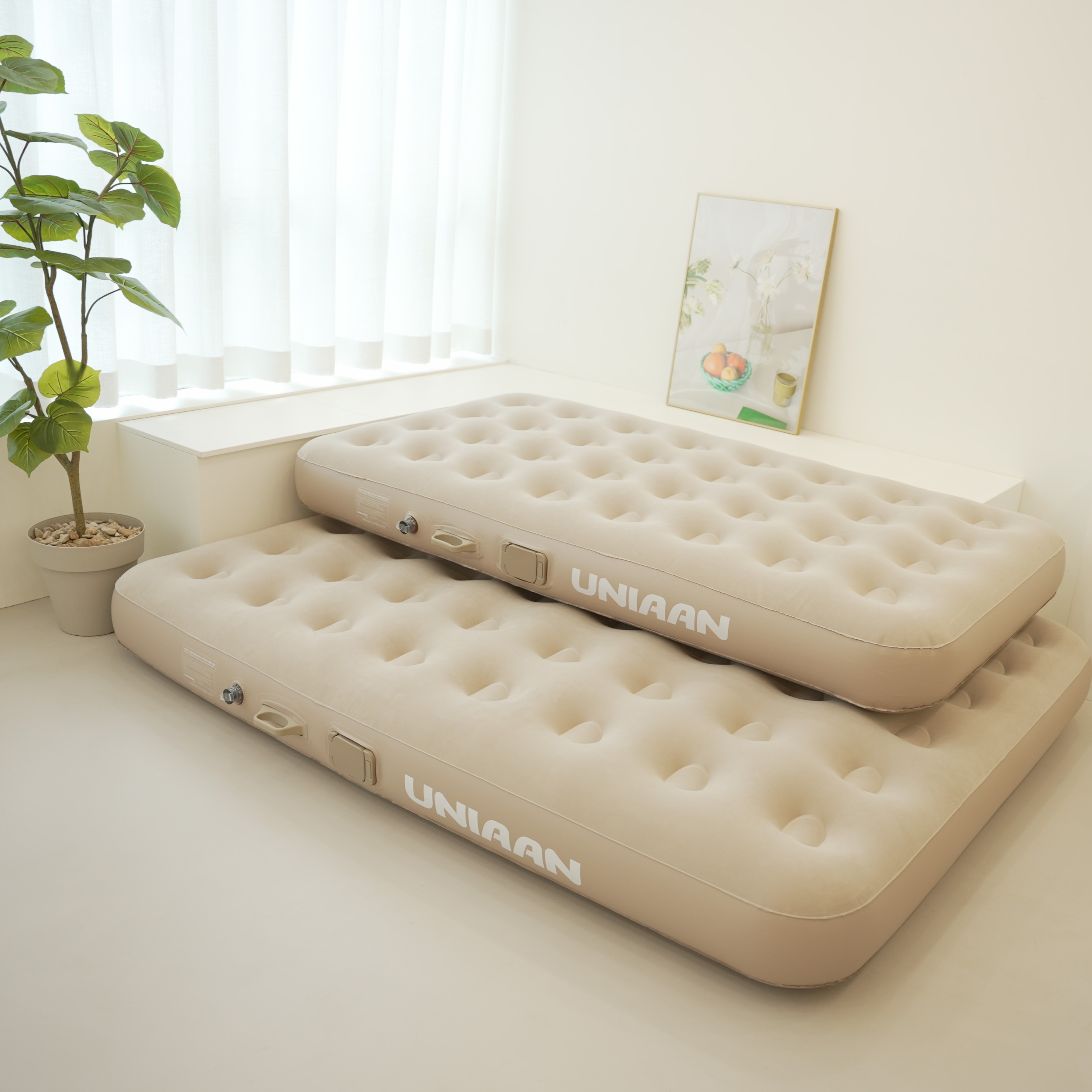 누적판매5만개 유니언 에어침대 캠핑 에어매트 자동에어펌프 일반형 더블, 25cm, 골드베이지