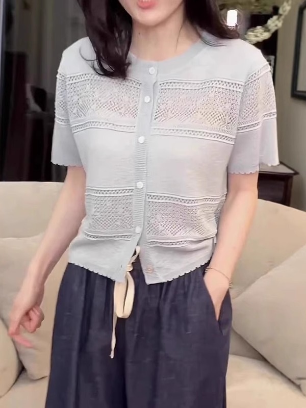 얇은 펀칭 반팔가디건 빅사이즈 4XL까지 라운드넥 청순 여리여리핏 봄여름 화이트 블루 - 상세 이미지 2