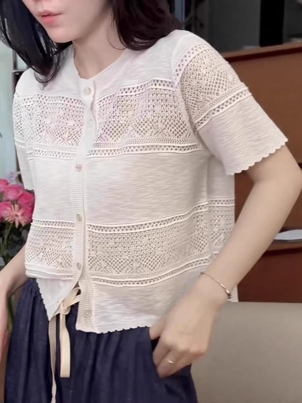 얇은 펀칭 반팔가디건 빅사이즈 4XL까지 라운드넥 청순 여리여리핏 봄여름 화이트 블루 - 상세 이미지 3