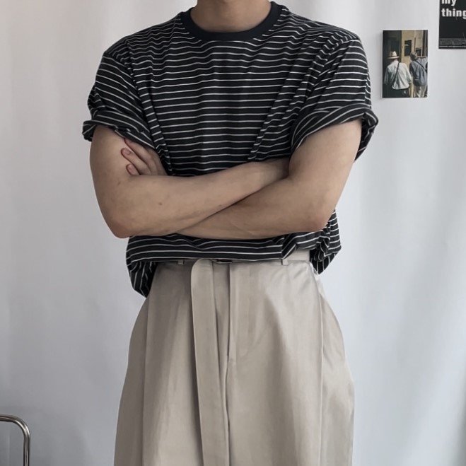 남녀공용 스트라이프 여름 단가라 오버핏 반팔 티셔츠 4컬러 이미지 6