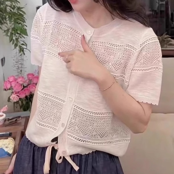 얇은 펀칭 반팔가디건 빅사이즈 4XL까지 라운드넥 청순 여리여리핏 봄여름 화이트 블루 - 상품 이미지