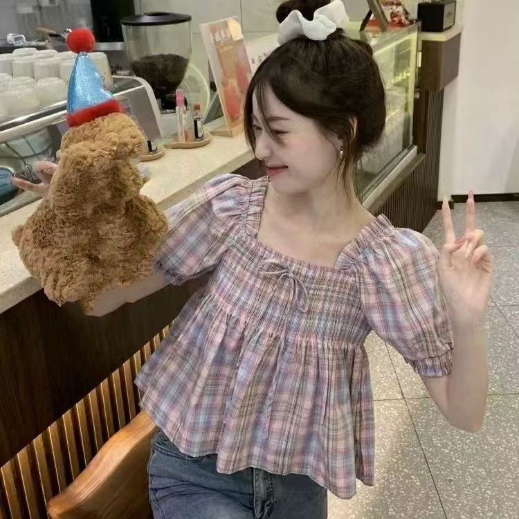 체크 스퀘어넥 퍼프소매반팔블라우스 리본 디자인 빈티지느낌 귀여운 데이트 오렌지 퍼플 - 상세 이미지 2
