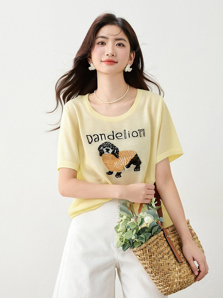 봄 여름 여성 슬림핏 캐릭터 자수 반팔 티셔츠 심플룩 데일리룩 라운드넥 레터링 포인트 - 상세 이미지 4