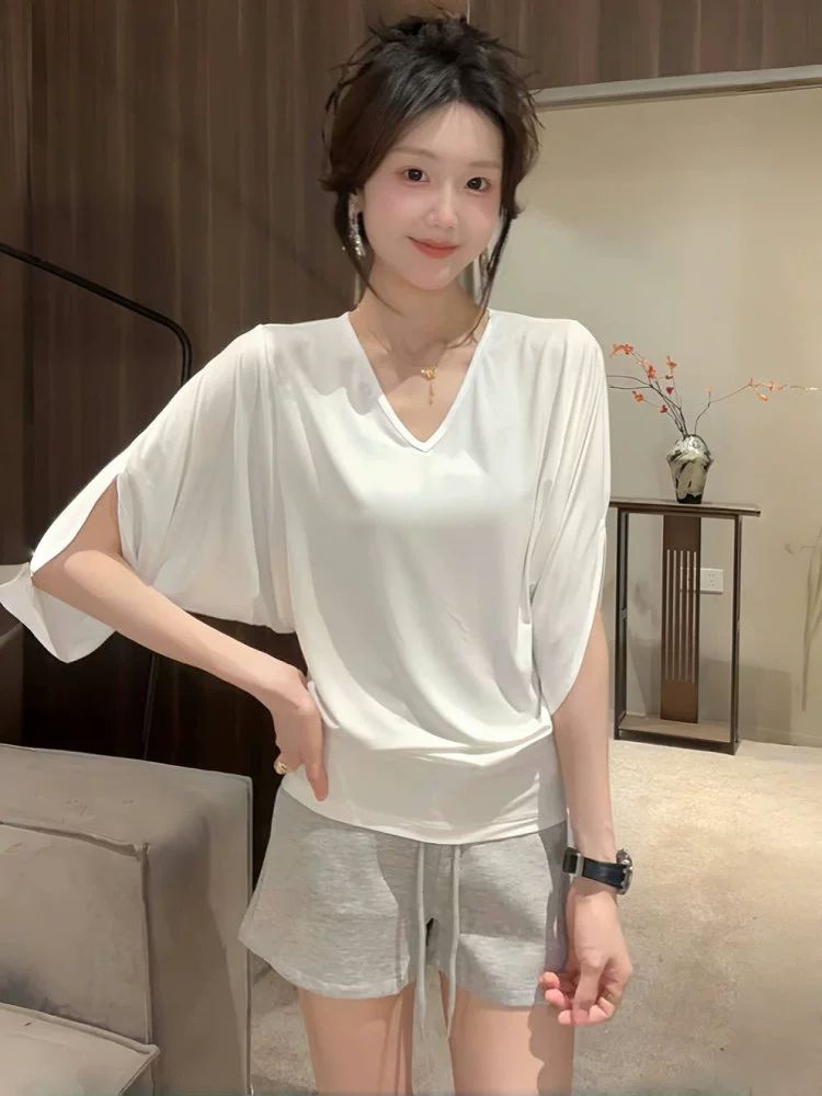 반팔 티셔츠 V넥 여성 나시 여름 슬림 블라우스 1.블랙 - 상세 이미지 5