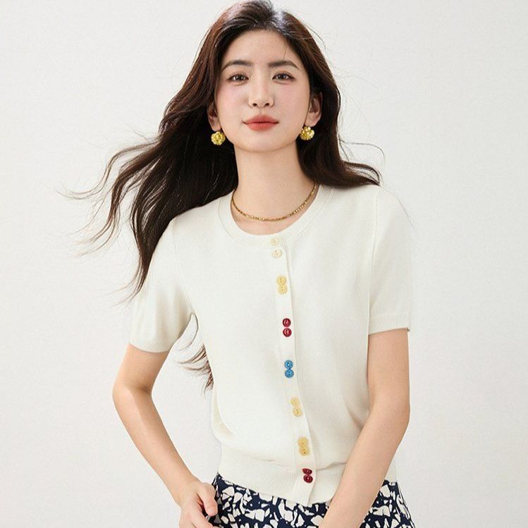봄 여름 여성 슬림핏 반팔 가디건 페미닌룩 데일리룩 라운드넥 컬러 버튼 니트 포인트