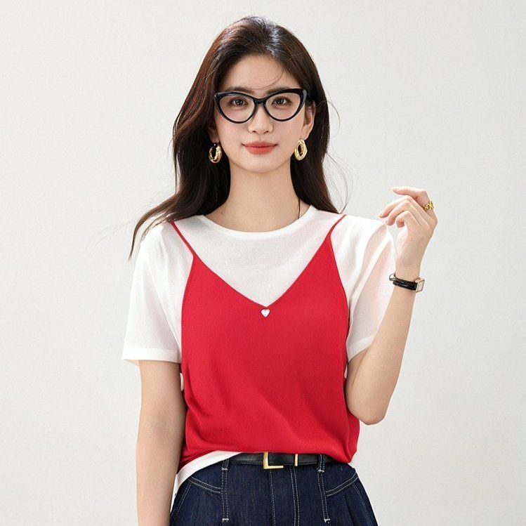 봄 여름 여성 루즈핏 레이어드 나시 반팔 티셔츠 캐주얼룩 데일리룩 브이넥 하트 포인트 - 메인 이미지