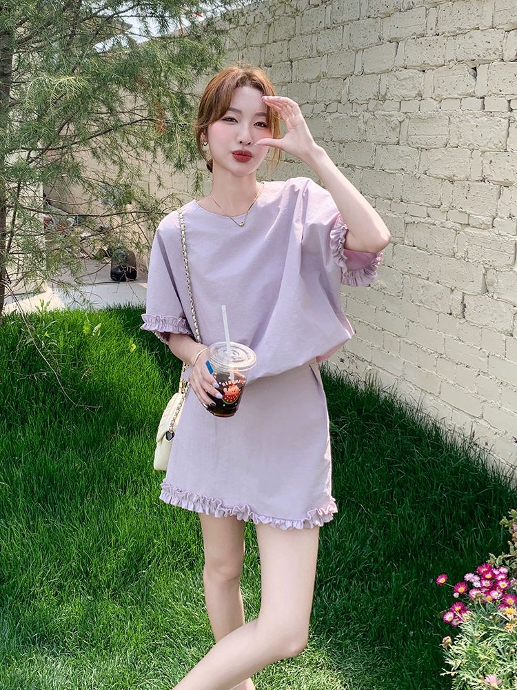원피스 여름 여성 티셔츠 미니스커트레이스 반팔티 크롭 탑 드레스 투피스세트 연보라색 세트 - 상품 이미지