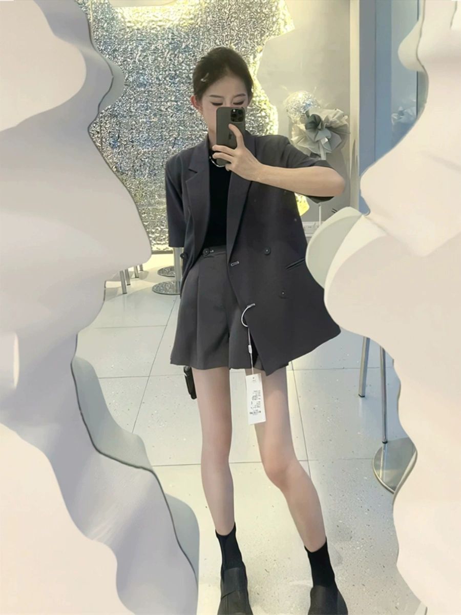 자켓 여름 정장 여성 셔츠 반바지 얇은 캐주얼 블레이저 하이웨이스트 바지 투피스 세트 그레이세트 - 상품 이미지