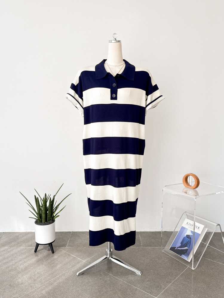 단가라 배색 카라 반팔 여름 니트 롱 원피스