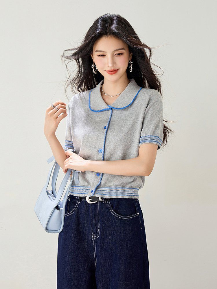 봄 여름 여성 슬림핏 배색 카라 반팔 가디건 페미닌룩 데일리룩 버튼 포인트 단정한 니트 - 상세 이미지 2