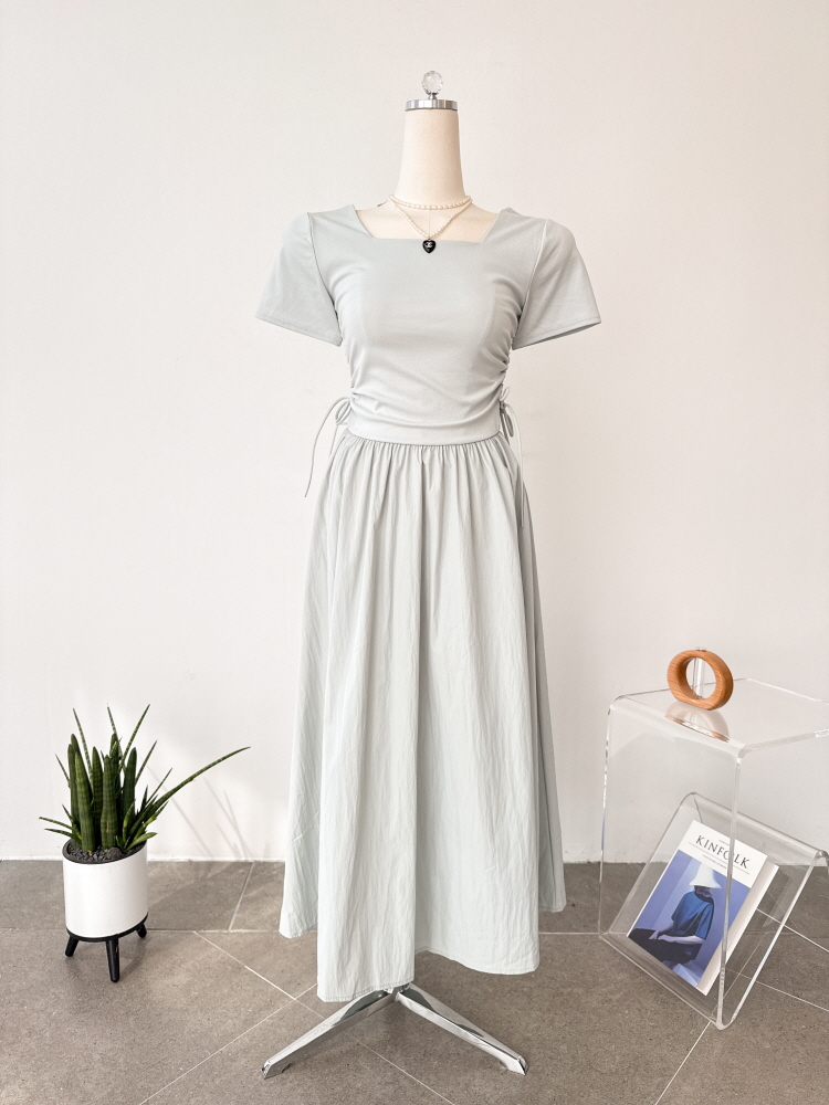 스퀘어넥 셔링 더블 리본 바스락 반팔 롱 원피스