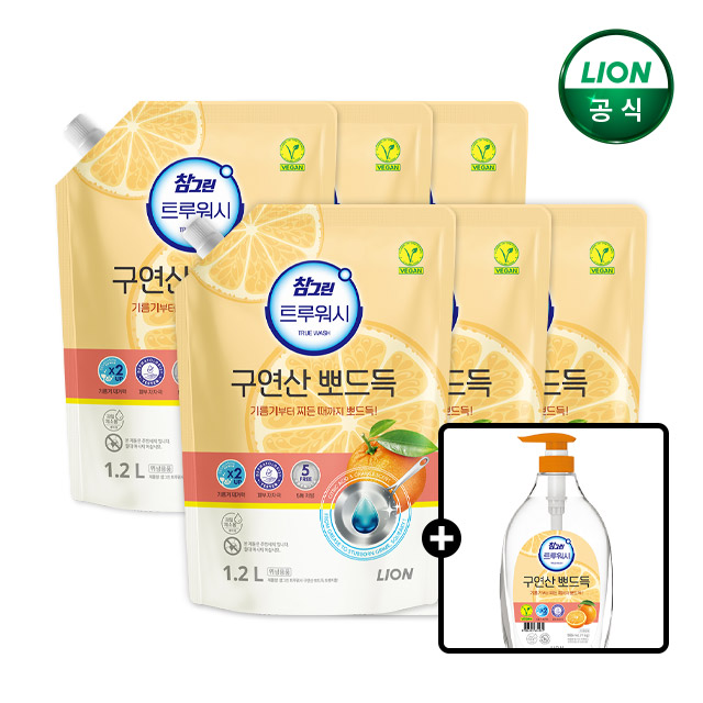 참그린 구연산뽀드득 주방세제 오렌지 1.2L 리필 x 6개+1kg 본품 증정 - 상품 이미지