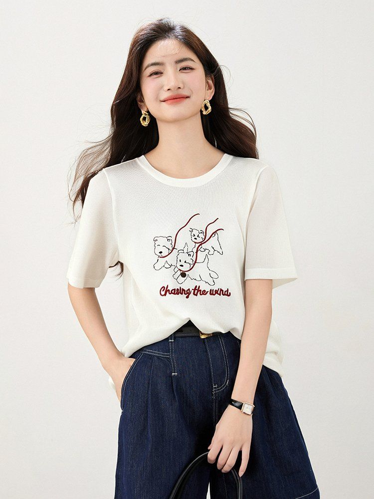 여성 캐릭터 자수 반팔 티셔츠 봄 여름 슬림핏 캐주얼룩 데일리룩 라운드넥 레터링 포인트 - 상세 이미지 3