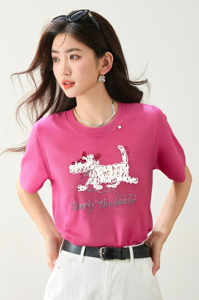봄 여름 여성 루즈핏 캐릭터 자수 반팔 티셔츠 캐주얼룩 데일리룩 라운드넥 레터링 포인트 - 상세 이미지 5