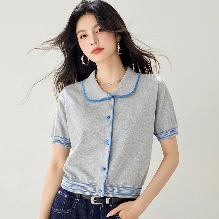 봄 여름 여성 슬림핏 배색 카라 반팔 가디건 페미닌룩 데일리룩 버튼 포인트 단정한 니트 - 상품 이미지