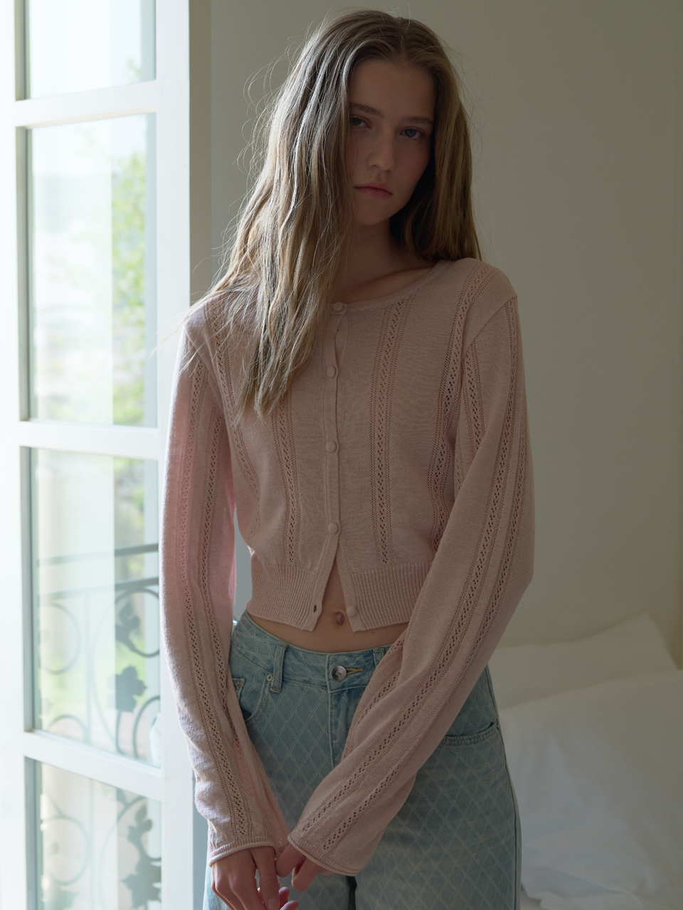 [엘씨브이] POINTELLE KNIT CARDIGAN_LIGHT PINK