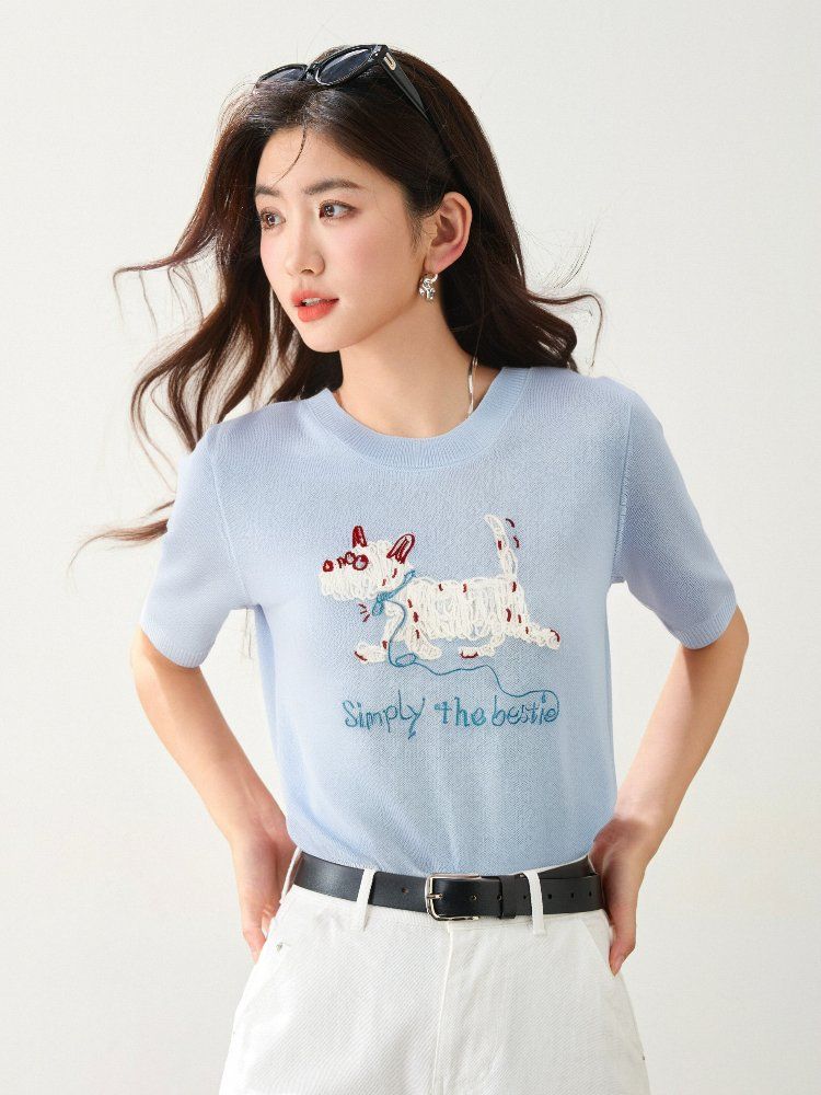 봄 여름 여성 루즈핏 캐릭터 자수 반팔 티셔츠 캐주얼룩 데일리룩 라운드넥 레터링 포인트 - 상세 이미지 2