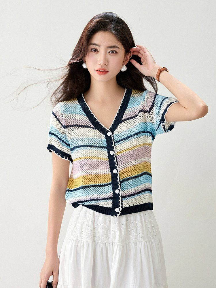 봄 여름 여성 슬림핏 스트라이프 반팔 가디건 캐주얼룩 데일리룩 브이넥 버튼 펀칭 니트 포인트 - 상세 이미지 5