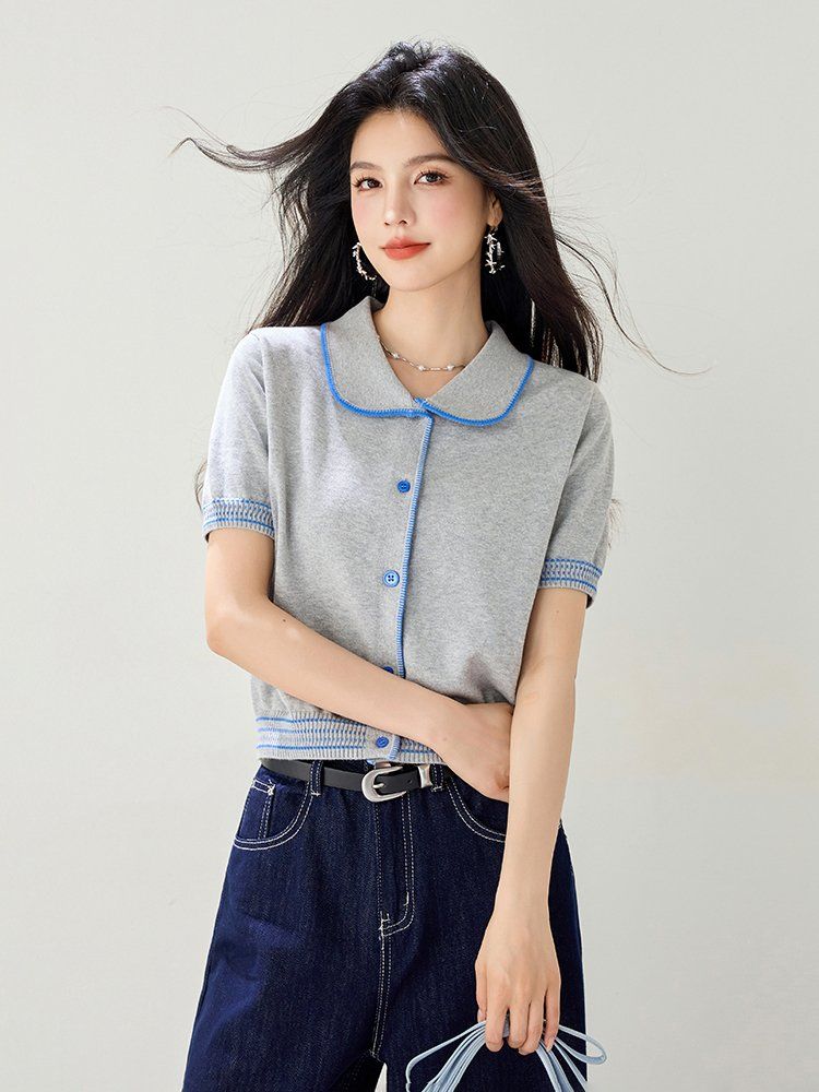 봄 여름 여성 슬림핏 배색 카라 반팔 가디건 페미닌룩 데일리룩 버튼 포인트 단정한 니트 - 상세 이미지 3