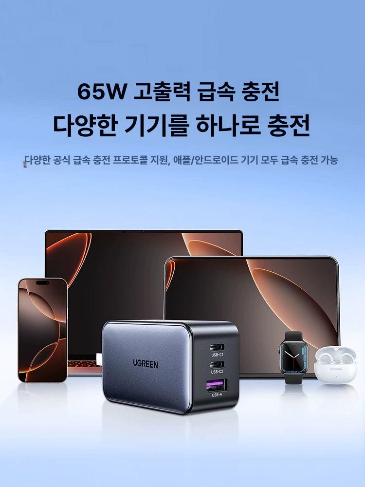 65W GaN 고속충전 멀티포트 USB C타입 PD PS5 스위치 듀얼센스 호환 화이트 3포트 싱글 헤드 65W - 상세 이미지 3