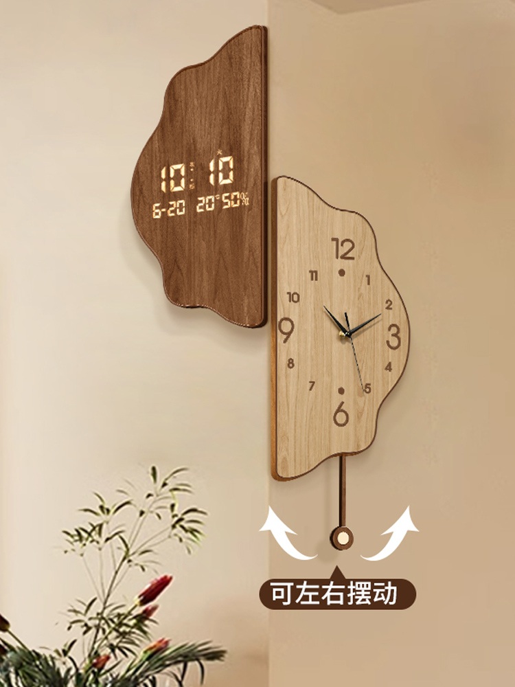디지털 디자인 시계 벽걸이 양면 무소음 예술적 원목풍 - 상세 이미지 2