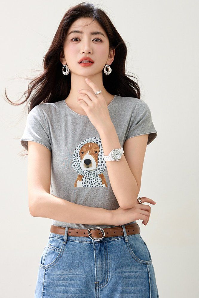 봄 여름 여성 슬림핏 캐릭터 프린트 반팔 티셔츠 스트릿룩 데일리룩 귀여운 라운드넥 포인트 - 상세 이미지 5