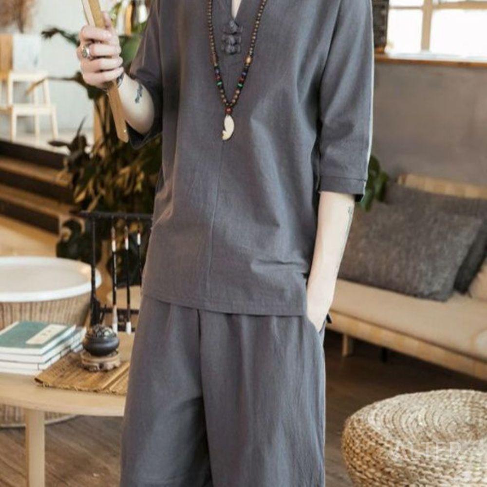 남성 린넨 반팔 반바지 7부 코튼 루즈핏 캐주얼 티셔츠 여름 다크 그레이 세트 M 42.5-52.5kg - 상세 이미지 4
