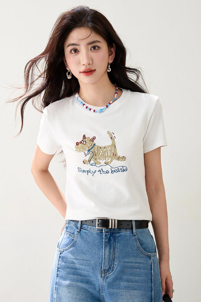 여성 캐릭터 자수 반팔 라운드넥 티셔츠 봄 여름 슬림핏 캐주얼룩 데일리룩 레터링 포인트 - 상세 이미지 4