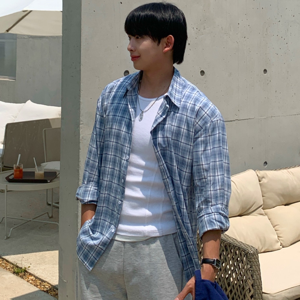 남자 구톰 루즈 오버핏 여름 쿨링 린넨 체크 셔츠 남방