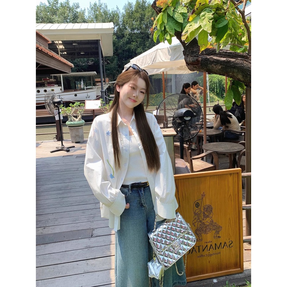 꽃자수 루즈핏 긴팔셔츠 여름 나시위레이어드 햇빛차단 봄 여름 캐주얼 유니크디자인 화이트 - 상세 이미지 5