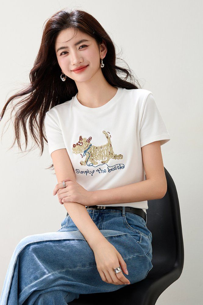 여성 캐릭터 자수 반팔 라운드넥 티셔츠 봄 여름 슬림핏 캐주얼룩 데일리룩 레터링 포인트 - 상세 이미지 2