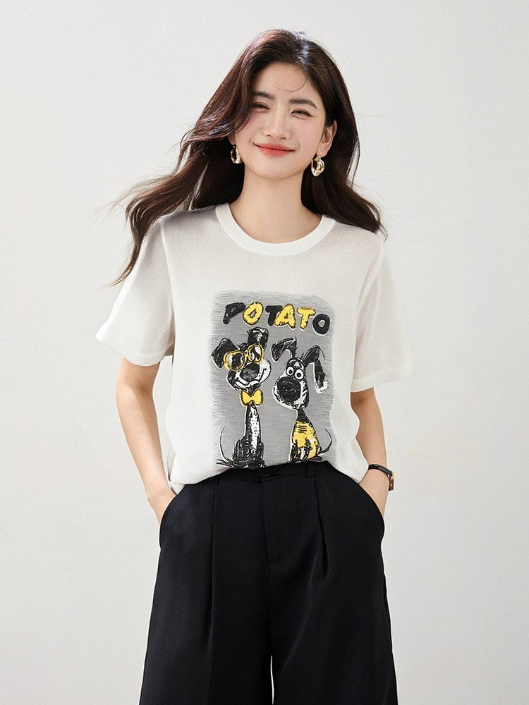 봄 여름 여성 루즈핏 캐릭터 레터링 반팔 티셔츠 심플룩 데일리룩 라운드넥 프린트 포인트 - 상세 이미지 3