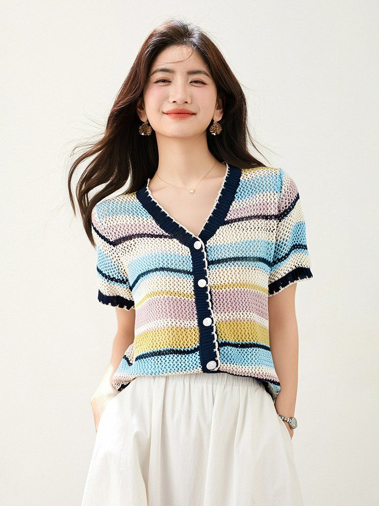 봄 여름 여성 슬림핏 스트라이프 반팔 가디건 캐주얼룩 데일리룩 브이넥 버튼 펀칭 니트 포인트 - 상세 이미지 2