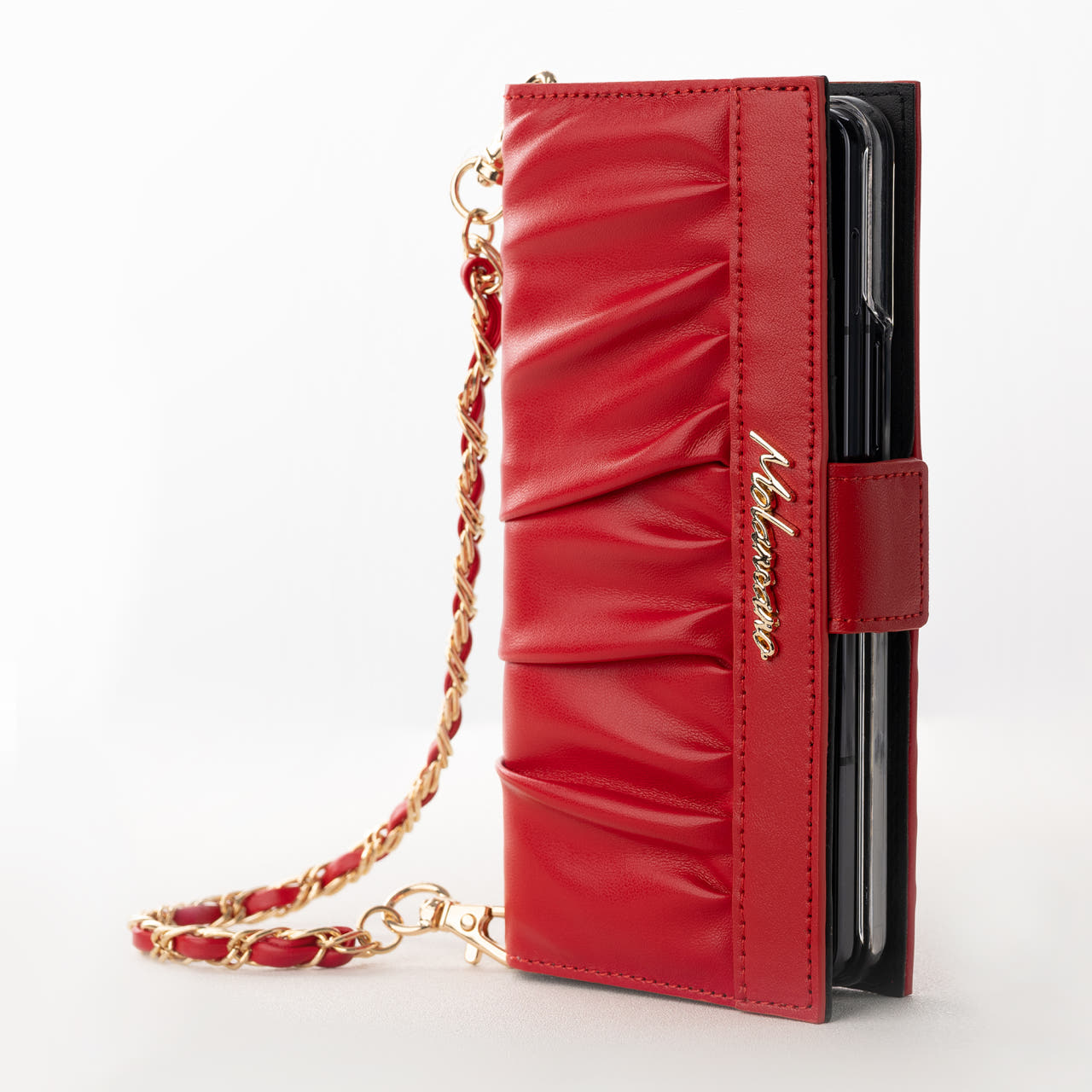 모란카노 갤럭시 Z폴드7 엘레나 스트랩 가죽 다이어리 힌지보호 핸드폰 케이스 레드 - 상품 이미지