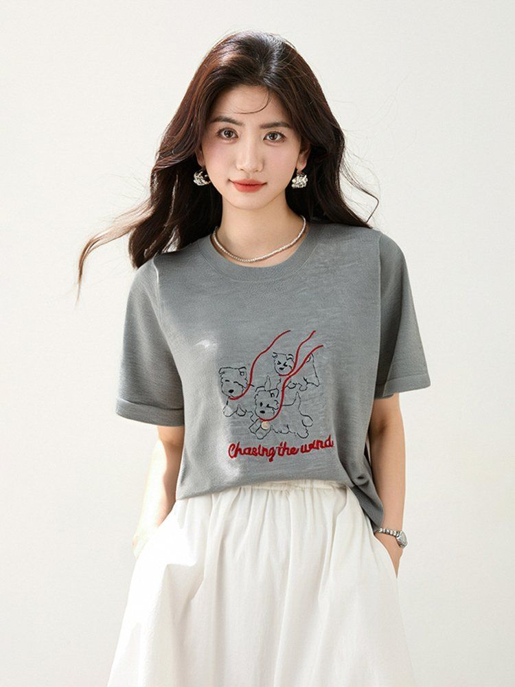여성 캐릭터 자수 반팔 티셔츠 봄 여름 슬림핏 캐주얼룩 데일리룩 라운드넥 레터링 포인트 - 상세 이미지 4